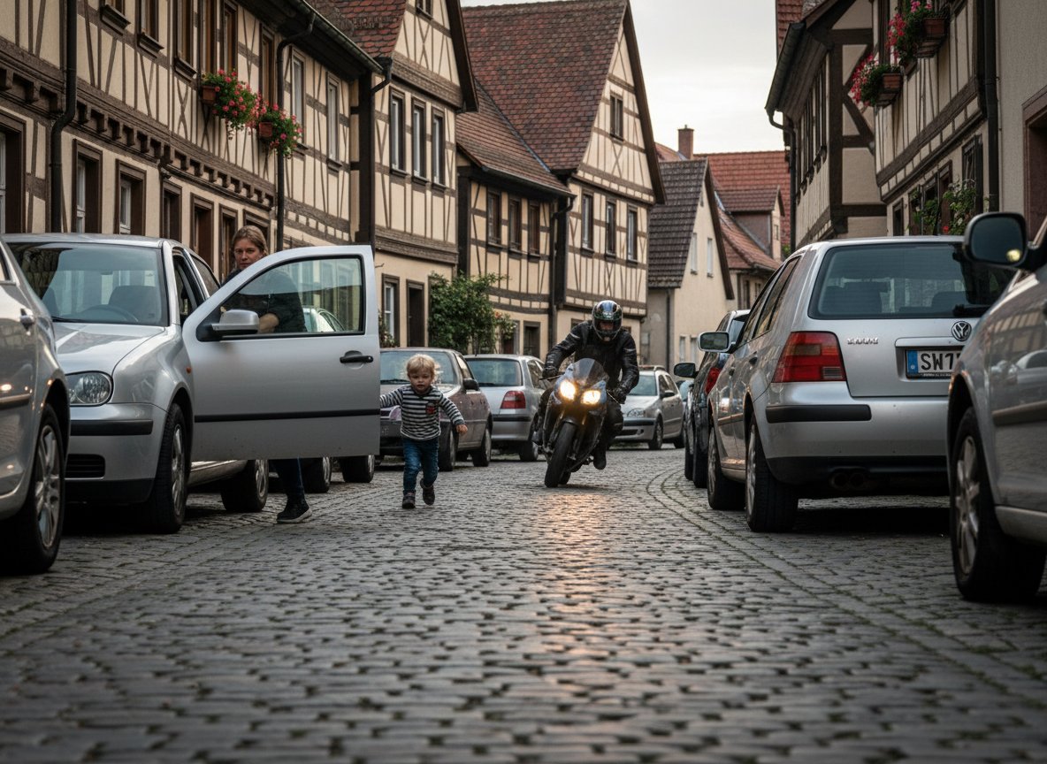 Enge Ortsdurchfahrten: Parkende Autos, Fußgänger, Türen - Motorrad Sicherheit